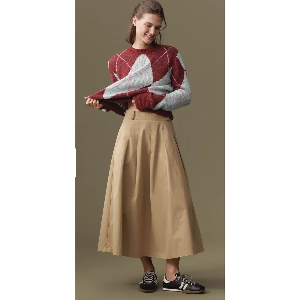 Flat White Anthropologie Pleated High-Rise Midi Skirt M Khaki Cotton Preppy Flaw
